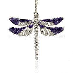 Platinum Alloy Enamel Dragonfly Big Pendants, with Rhinestone, Indigo, 57x64x5mm, Hole: 2mm