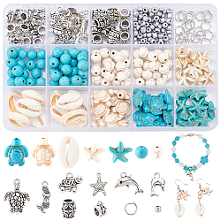 PandaHall 292pcs Ocean Jewellery Making Kit, Summer Beach Beads Charms with Turtle Mermaid Dolphin Starfish Alloy Sea Pendants for Gift Necklace Anklet Craft Jewellery Making