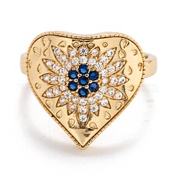 Brass Micro Pave Cubic Zirconia Cuff Rings, Open Rings, Long-Lasting Plated, Heart with Flower, Blue, Golden, US Size 6, Inner Diameter: 17mm