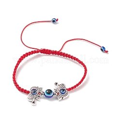 Mauvais œil en résine et bracelet en perles tressées en alliage, bracelet réglable pour femme, motif éléphant, diamètre intérieur: 2-1/8~3-3/4 pouce (5.3~9.5 cm)