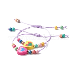 Joli bracelet de perles en bois coeur pour enfant, bracelet cordon réglable en perles de bois colorées, support violet, diamètre intérieur: 3/4~4 pouce (1.8~7.7 cm)