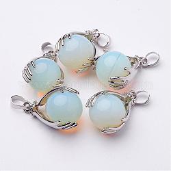 Opalite Pendants, with Brass Findings and Opalite, Round, Platinum, Light Blue, 27x18mm, Hole: 4x6mm