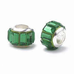 Glasperlen europäischen, Großloch perlen, mit Messingkern, facettiert, Rondell, silberfarben plattiert, grün, 9x7 mm, Bohrung: 5 mm