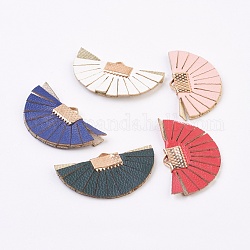 PU Leather Pendants, with Iron Findings, Fan, Light Gold, Mixed Color, 20x34x2mm, Hole: 1x2mm