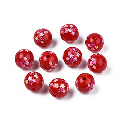 Perles opaques faits à la main en acrylique de fleurs imprimées, ronde, firebrick, 9x9.5mm, Trou: 1.8mm