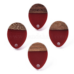 Accessoires de boucles d'oreilles en résine opaque et bois de noyer, avec épingle en 304 acier inoxydable, larme, rouge foncé, 17x13mm, Trou: 1.8mm, pin: 0.7 mm