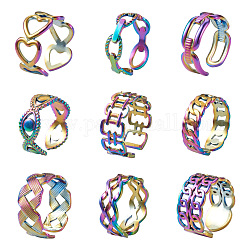 Mega pet 9pcs 9 styles couleur arc-en-ciel 304 anneaux de manchette en acier inoxydable, anneaux creux larges ouverts pour les femmes, taille us 7 1/4~8 3/4 (17.5~18.7mm), 1pc / style