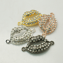 Alloy Rhinestone Links Connectors, Grade A, Lip, For Valentine's Day, Mixed Color, 20x36x5mm, Hole: 2mm