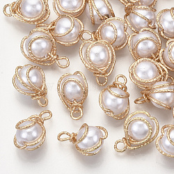 Colgantes de perlas de imitación de plástico abs, con alambre de latón bañado en oro claro, blanco cremoso, 13~15x9~10x8~9mm, agujero: 1.5~2 mm