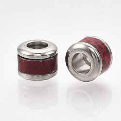 304 Stainless Steel European Beads, with Fiber, Large Hole Beads, Column with Basket Weave Pattern, Stainless Steel Color, Crimson, 10x8mm, Hole: 5mm