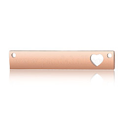 Conectores de enlaces de acero inoxidable 201, pulido manual, rectángulo con el corazón, oro rosa, 40x7x1.7mm, agujero: 1.5 mm