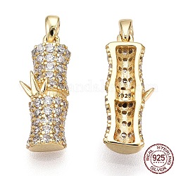 925 Sterling Silver Micro Pave Cubic Zirconia Pendants, with S925 Stamp, Bamboo Charms, Nickel Free, Real 18K Gold Plated, 19x6.5x3.5mm, Hole: 1.4mm