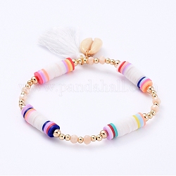 Stretch Charm Bracelets, with Polymer Clay Heishi Beads, Cotton Thread Tassels, Cowrie Shell Beads, Faceted Glass Beads and Brass Beads, White, 2-3/8 inch(6cm)
