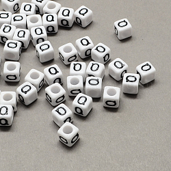 Perline europee di grandi dimensioni in acrilico, foro orizzontale, bianco & nero, cubo con letter.q, 6x6x6mm, Foro: 4 mm, circa 2596pcs/440g