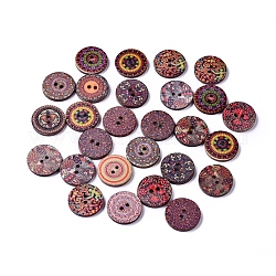 Пуговицы из тополя, 2-луночное, окрашенные, плоские круглые с цветочным узором, разноцветные, 19.5x2.5 мм, отверстие : 1.8 мм
