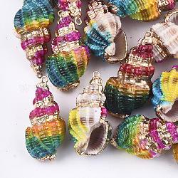 Spray Painted & Electroplate Spiral Shell Pendants, with Iron Findings, Light Gold, Colorful, 31~43x17~21x15~19mm, Hole: 1.5mm
