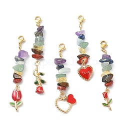 Décorations de pendentif en perles de puce de pierre précieuse de chakra, Breloques en alliage d'émail pour la Saint-Valentin et 304 fermoir mousqueton en acier inoxydable, coeur et rose, 62~67mm