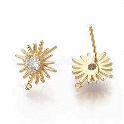 Brass Clear Cubic Zirconia Stud Earring Findings, with Loop, Nickel Free, Sun, Real 18K Gold Plated, 12.5x11.5mm, Hole: 0.8mm, Pin: 0.8mm