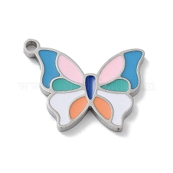 304 Stainless Steel Pendants, with Enamel, Butterfly Charm, Stainless Steel Color, 13x16x1.5mm, Hole: 1.4mm