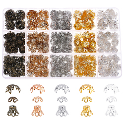 Superfindings 875 Uds. 3 tapas de abalorios de hierro de múltiples pétalos de estilo tibetano, flor, color mezclado, 8.2~12.5x8.2~13.5x3.5~6.2mm, agujero: 0.9~1.7 mm, 5 colores / estilo