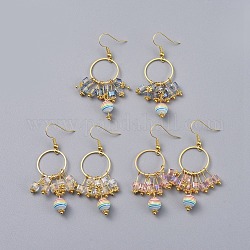 Perle di vetro Placchi ciondolano gli orecchini, con perline di resina a strisce trasparenti, reperti in ottone e ganci per orecchini, oro, 59mm, ago :0.6mm