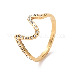Crystal Rhinestone Wave Finger Ring, Ion Plating(IP) 304 Stainless Steel Jewelry for Women, Golden, US Size 7(17.3mm)