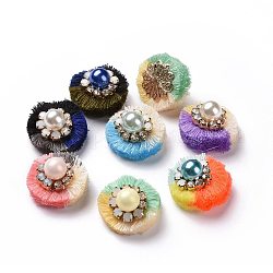 Polycotton(Polyester Cotton) Tassel Decoration Accessories, with Resin Imitation Pearl, Rhinestone and Iron Findings, Mixed Color, 25~27x17.5~18.5mm