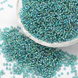 8/0 Round Glass Seed Beads, Grade A, Silver Lined Square Hole, Transparent Colours Rainbow, Dark Turquoise, 2.8~3.2mm, Hole: 1.0mm, about 15000pcs/pound
