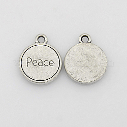 Antique Silver Word Peace Tibetan Style Alloy Message Pendants, Cadmium Free & Lead Free, Flat Round, 17x13x2mm, Hole: 2mm