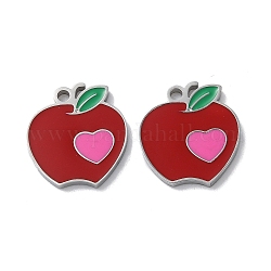 304 Stainless Steel Charms, with Enamel, Apple with Heart Charm, Stainless Steel Color, 14.5x13x1.5mm, Hole: 1.5mm