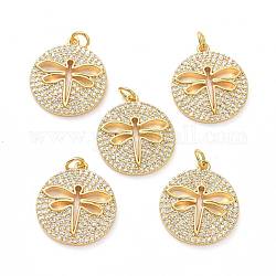 Brass Micro Pave Clear Cubic Zirconia Pendants, with Jump Ring, Long-Lasting Plated, Flat Round with Dragonfly, Real 18K Gold Plated, 22x19x3mm, Jump Rings: 5x1mm, 3mm Inner Diameter