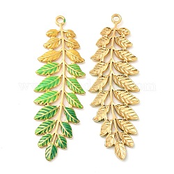 304 Stainless Steel Enamel Big Pendants, Real 18K Gold Plated, Leaf Charm, Green, 60x20x2mm, Hole: 2.5mm
