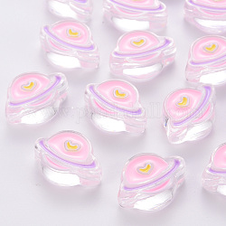 Abalorios de acrílico transparentes, con esmalte, planeta, rosa perla, 19x26x9mm, agujero: 3 mm