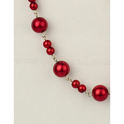 Perlas de cristal redondas hechas a mano cadenas para hacer collares pulseras, con alfiler de hierro, sin soldar, Platino, rojo, 39.3 pulgada
