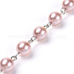 Handmade Dyed Glass Pearl Beaded Chains, Unwelded, with Iron Eye Pin, Platinum, Pink, 39.37 inch, 1m/strand