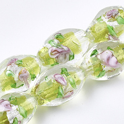 手作りの銀箔ガラスベネチアンランプワークビーズ  花とオーバル  緑黄  16~17x9~11mm  穴：1.5~2mm