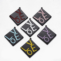 Spray Painted Cellulose Acetate(Resin) Pendants, Rhombus with Word Love, Mixed Color, 43x41x2.5mm, Hole: 1.4mm, Diagonal Length: 43mm, Side Length: 29.5mm
