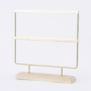 Iron 2-Tier Earring Display Stand, for Hanging Dangle Earring, with Wood Pedestal, Golden, 25.2x25.5x5cm