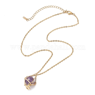 Makramee-Beutel aus Messing mit natürlichem Amethyst innen und Anhängerketten aus 304er Edelstahl für Damen&nbsp;NJEW-JN05607-03-1