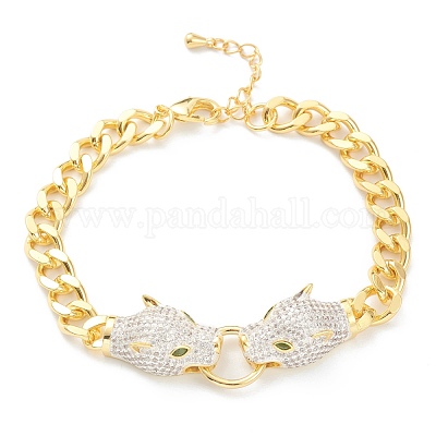 Brass Micro Pave Clear Cubic Zirconia Link Bracelets, with Curb Chain, Door  Knocker, Leopard Head, Real 18K Gold Plated, 7-1/8 inch(18cm)