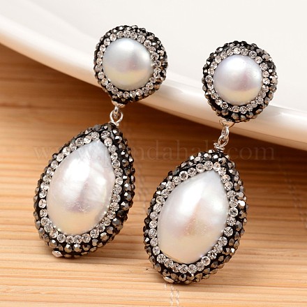 Orecchini pendenti con perle e strass a goccia EJEW-I176-14-1