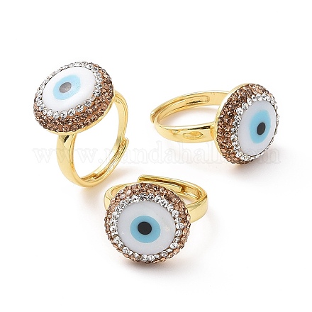 Adjustable Natural Shell Evil Eye Ring with Rhinestone RJEW-A011-12G-1