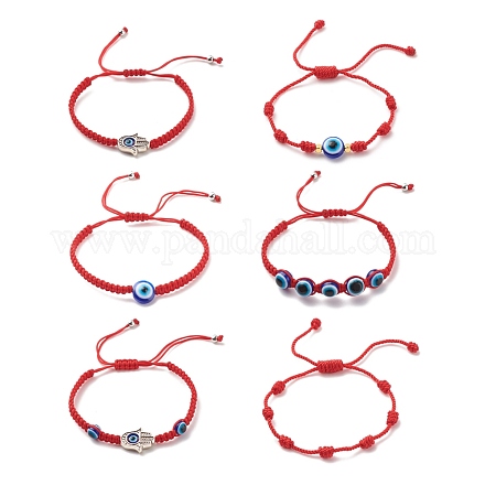 6 pièces 6 style alliage hamsa main et résine mauvais œil tressé bracelets de perles ensemble BJEW-JB08370-1