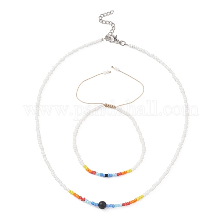 Halskette aus Glasperlen und geflochtenes Perlenarmband SJEW-JS01283-01-1
