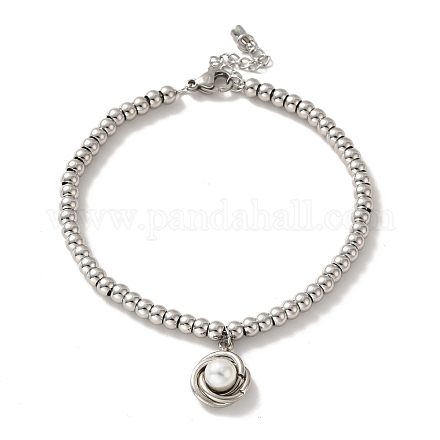 201 nudo entrelazado de acero inoxidable con pulsera de perla de plástico con cuentas redondas para mujer BJEW-B057-01P-1