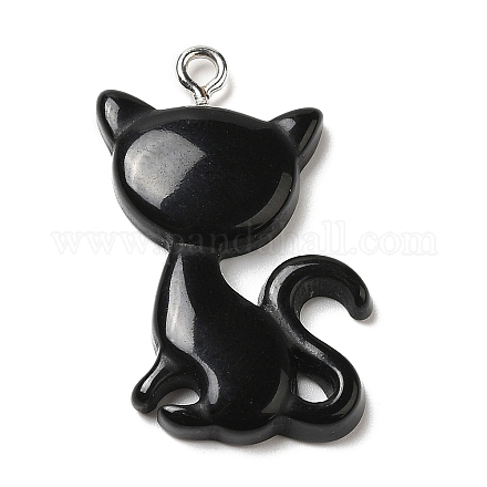不透明樹脂ペンダント  プラチナトーンの鉄製ループが付いた猫の形のチャーム  ブラック  30~30.5x21x4~5mm  穴：2mm RESI-G069-03A-1