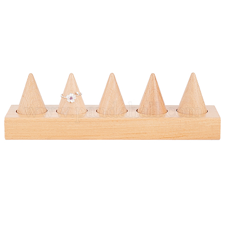 FINGERINSPIRE 5-Slot Wooden Cone Ring Holder with Wood Base 29x39mm Natural BurlyWood Ring Display Stands Wedding Ring Holder Finger Jewelry Towers for Rings Display RDIS-WH0011-08-1