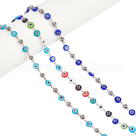 NBEADS Handmade Lampwork Flat Round Evil Eye Beads Chains for Necklaces Bracelets Making AJEW-NB0002-10-1