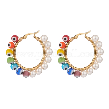 Shell Pearl & Evil Eye Lampwork Beaded Hoop Earrings EJEW-TA00115-1