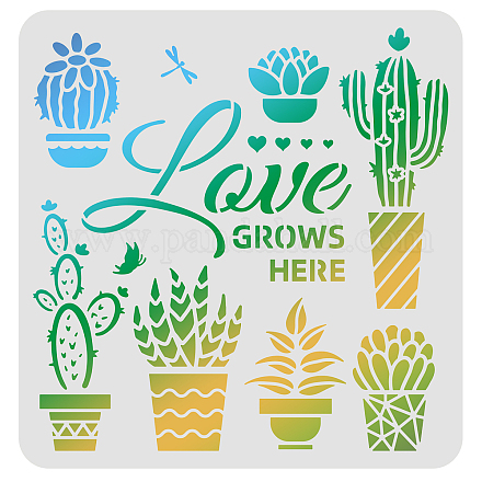 FINGERINSPIRE Love Grows Here Stencils 30x30cm Potted Plants Painting Stencil Reusable Cactus Succulents Drawing Stencil Template for Painting on Wood DIY-WH0172-461-1